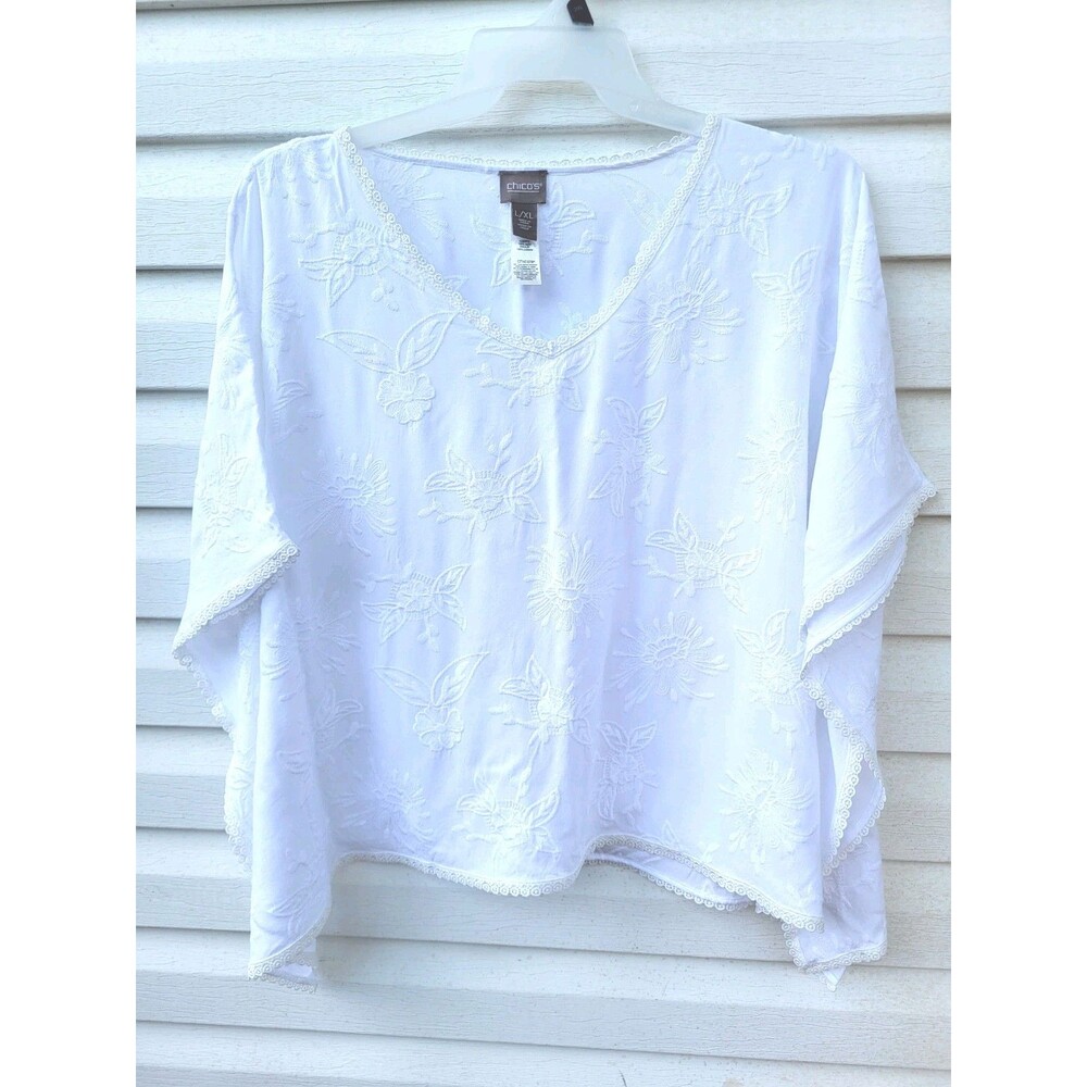 Chico's White Floral Embroidered Lace Trim Poncho Tunic Top Size L/XL